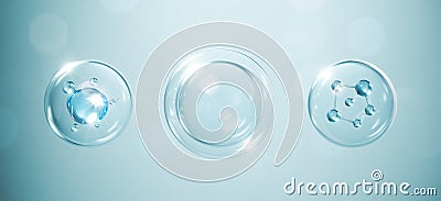 cosmetic moisturizer water molecule, Cosmetic Essence, Liquid bubble, Molecule inside Liquid Bubble on water background Stock Photo