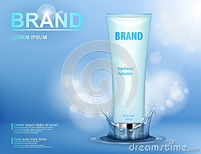 Cosmetic moisturizing brand product. Container with cream on blue background with water splash and soft bokeh. Realistic Vector Illustration