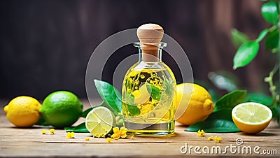 Cosmetic oil in a bottle, fresh lemon relaxation Stock Photo