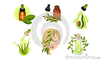 Cosmetic Oil Therapy Vector Set. Different Essential Oil with Glass Dropper for Skin Treatment Vector Illustration