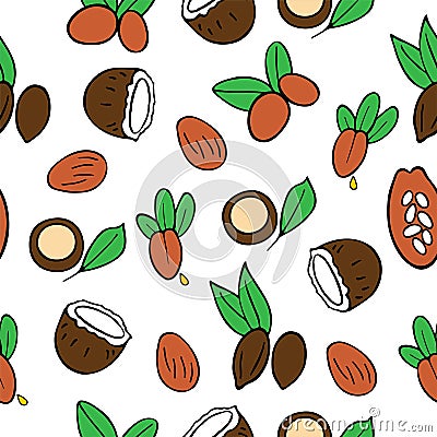 Cosmetic oils seamless pattern. Nuts from which squeeze oils. Nourishing oils for skin beauty. Vector icons Vector Illustration