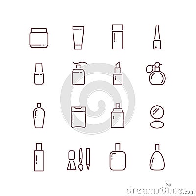 Cosmetic package bottles thin outline vector icons set Vector Illustration