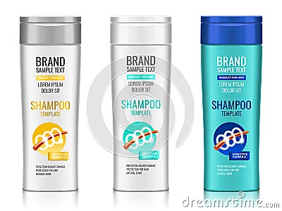 Cosmetic packaging, realistic plastic shampoo or shower gel bottle template with different design of packaging, 3d Vector Illustration