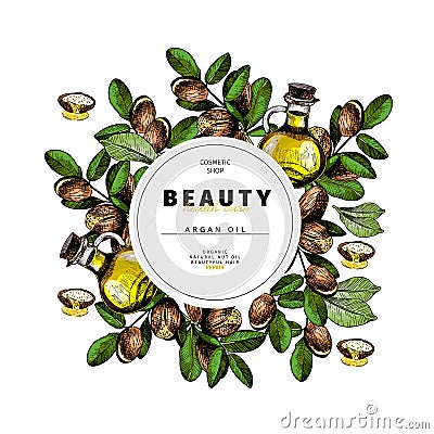 Cosmetic packaging template. Argan nut oil beauty product. Vector hand drawn illustration. Organic vegetarian food Vector Illustration