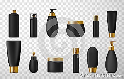 Cosmetic perfumes packaging black luxury design realistic set. Bottles tubes flacons mockups Stock Photo