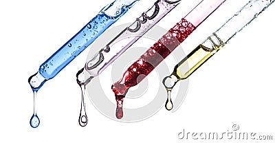 Cosmetic pipette droppers with different colored skincare serum and hanging liquid drop, isolated Stock Photo