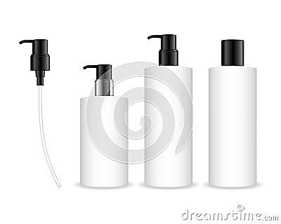 Cosmetic plastic bottle with black dispenser pump. Vector Illustration