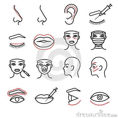 Cosmetic plastic face surgery vector thin line icons set Vector Illustration