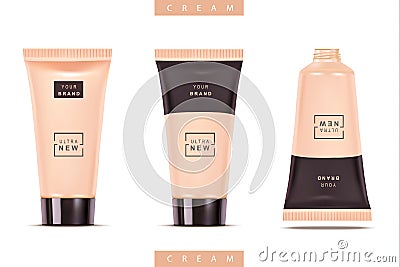 Cosmetic plastic tube. Foundation cream container isolated on white background. Beauty make up product package, vector Vector Illustration