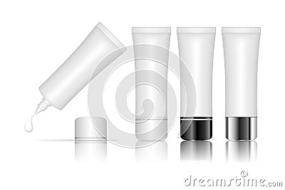 Cosmetic plastic tube isolated on white background. Skin care bottles for gel, liquid, lotion, cream, sunscreen. Vector Illustration