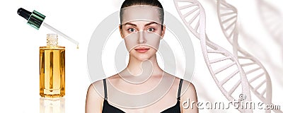 Cosmetic primer oil near beautiful woman with DNA chains. Stock Photo