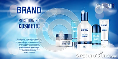 Cosmetic product bottle ad design. Realistic spray, hand and face cream, shampoo in cloudy sky background for your brand Vector Illustration