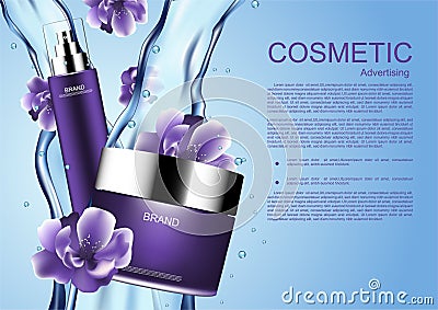 Cosmetic product with falling purple flowers and pouring water , Vector Illustration