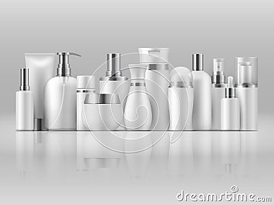 Cosmetic product package. Beauty bottle mockup white blank packaging shampoo lotion 3D product template Vector Illustration