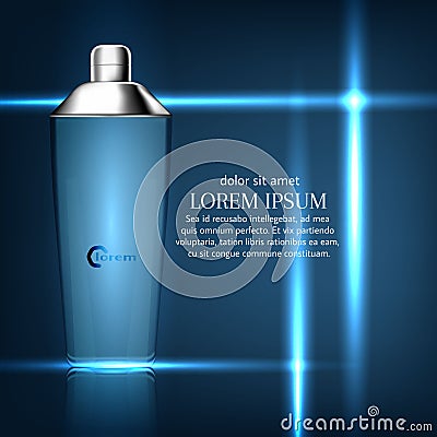 Cosmetic product poster, blue bottle package design with moisturizer cream or liquid, sparkling background. Vector Illustration