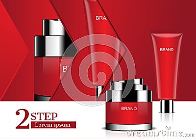 Cosmetic product on white floor and red background with arrow icons Vector Illustration