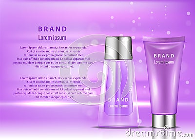 Cosmetic products ad. Vector 3d illustration. Skin care bottle template design. Face and body make up cream and lotion Vector Illustration