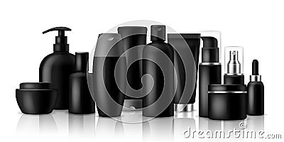 Cosmetic products. Black blank containers and jar for luxury spray or cream isolated vector packaging mockup set Vector Illustration