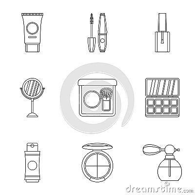 Cosmetic products icons set, outline style Vector Illustration