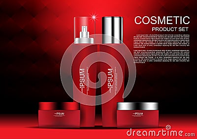Cosmetic products on red and black background vector cosmetic ad Vector Illustration