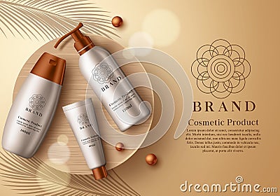Cosmetic products vector template design. Cosmetics product mock up of sunscreen and lotion in 3d realistic bottle element. Vector Illustration