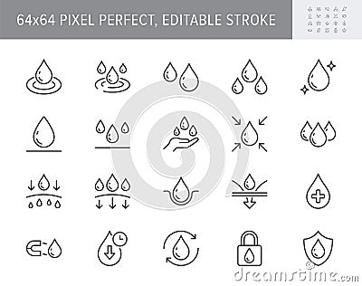 Cosmetic properties line icons. Vector illustration include icon - water shield, drop, absorb, lotion, serum, cosmetic Vector Illustration