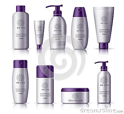 Cosmetic realistic bottles vector set. Cosmetics package collection of mock up plastic container with purple cap isolated. Vector Illustration