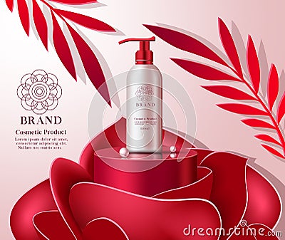 Cosmetic rose product vector banner template. Cosmetics lotion product with rose extract for beauty skin care mock up commercial. Vector Illustration