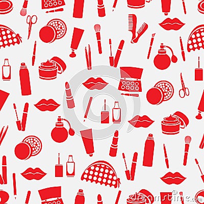 Cosmetic seamless pattern, accessories background. Red products on white Vector Illustration