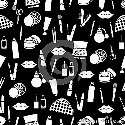 Cosmetic seamless pattern, accessories background. White products on black . Vector Illustration