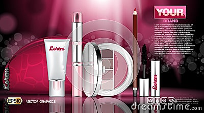 Cosmetic set ads template, mascara and eye shadows, lipstick collection cover mockup. Pink background fragrance Vector Illustration