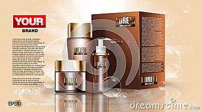 Cosmetic set ads template, moisturizing lotions collection cover mockup. Dazzling effect background. Brown Cream, spray Vector Illustration