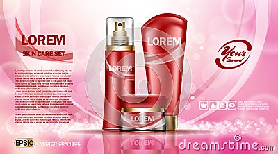 Cosmetic set ads template, moisturizing lotions collection cover mockup. Dazzling effect background. Cream, spray bottle Vector Illustration
