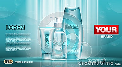 Cosmetic set ads template, moisturizing lotions collection cover mockup. Dazzling effect background. Cream, spray bottle Vector Illustration