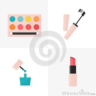 Cosmetic set with eyeshadow lipstick mascara and nail polish Stock Photo