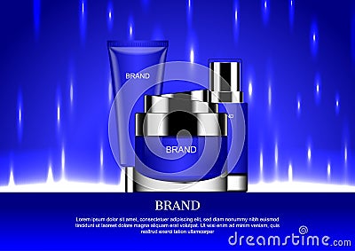 Cosmetic set with small falling lights on blue ground Vector Illustration