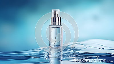 cosmetic spa medical skincare glass serum bottle with collagen on blue water background with waves Stock Photo