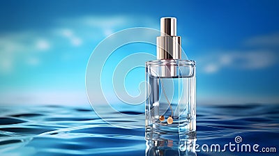 cosmetic spa medical skincare glass serum bottle with collagen on blue water background with waves Stock Photo