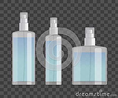 Cosmetic spray bottles set on checkered background. Small, big and wide bottles. Realistic vector design. Vector Illustration