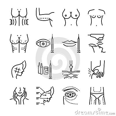 Cosmetic surgery line icon set. Included the icons as liposuction, beauty, marking, skin, Jet Peel and more. Vector Illustration