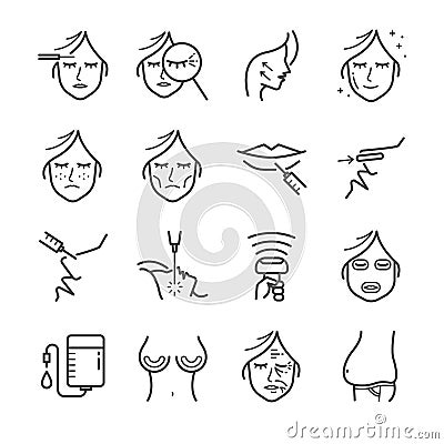 Cosmetic surgery line icon set. Included the icons as wrinkle, aging, botox, belly, Cellulite and more. Vector Illustration