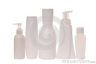 Cosmetic tare, white bottles for shampoo and hair conditioner; Stock Photo