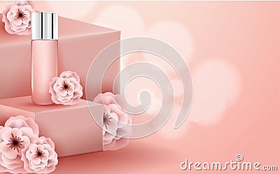 Cosmetic template, banner, bottle, perfumery cosmetics, perfume advertisement, paper flowers and realistic pink paper Vector Illustration