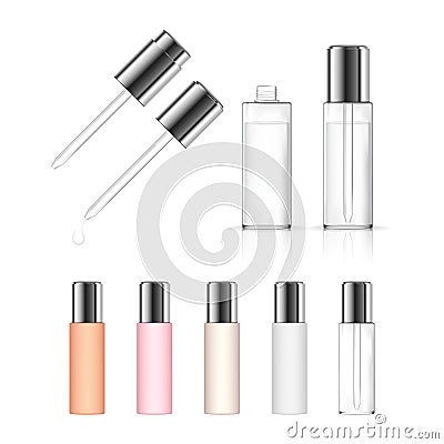 Cosmetic transparent bottle with dropper isolated on white background. Beauty product package. Vector Illustration