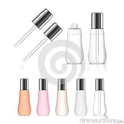 Cosmetic transparent bottle with dropper isolated on white background. Beauty product package. Vector Illustration