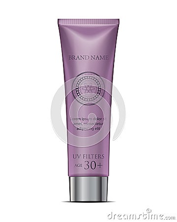 Cosmetic tube cream mockup in purple. White Plastic Tube Packaging. Isolated Vector Illustration