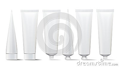 Cosmetic Tube Set. Vector Mock Up. Cosmetic, Cream, Tooth Paste, Glue White Plastic Tubes Open And Closed Set Packaging Vector Illustration