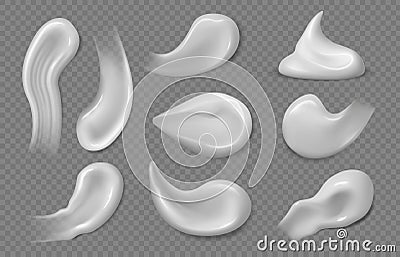 Cosmetic white cream. Sunscreen gel texture, skincare product smears and strokes. Face skin moisturizer mousse, creams Vector Illustration