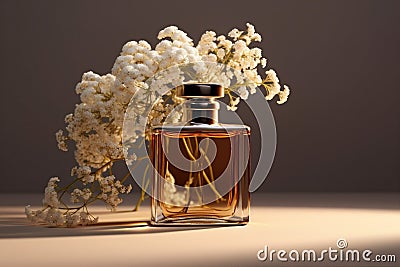 woman fragrance aroma smell scent perfume flower white cosmetic glass bottle. Generative AI. Stock Photo