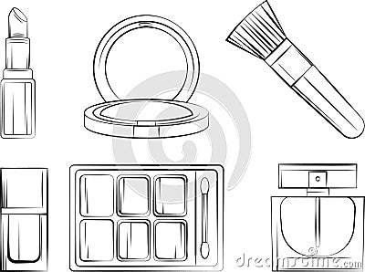 Coloring page set of cosmetics tips. Vector illustration of lipstick, blush, make-up brush, nail polish, eye shadow and perfume. Vector Illustration